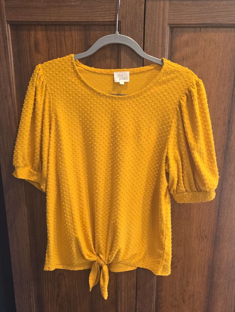 AVA + JAMES Mustard Tie-Front Textured Puff Sleeve Blouse